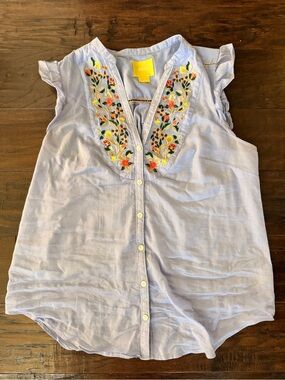 Maeve Light Blue Sleeveless Button-Front Top with Floral Embroidery